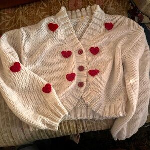 Cozy White Cardigan with Red Heart Accents